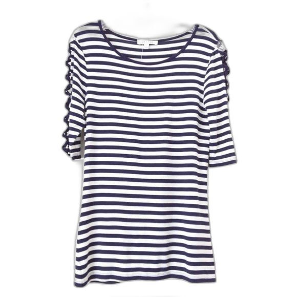 New Spense Tee Navy White Stripe Cold Shoulder Top - Picture 1 of 9